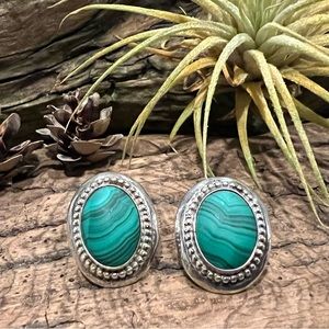 925 Silver Green Malachite Stud Earrings Natural Stone Oval Bezel 2 cms